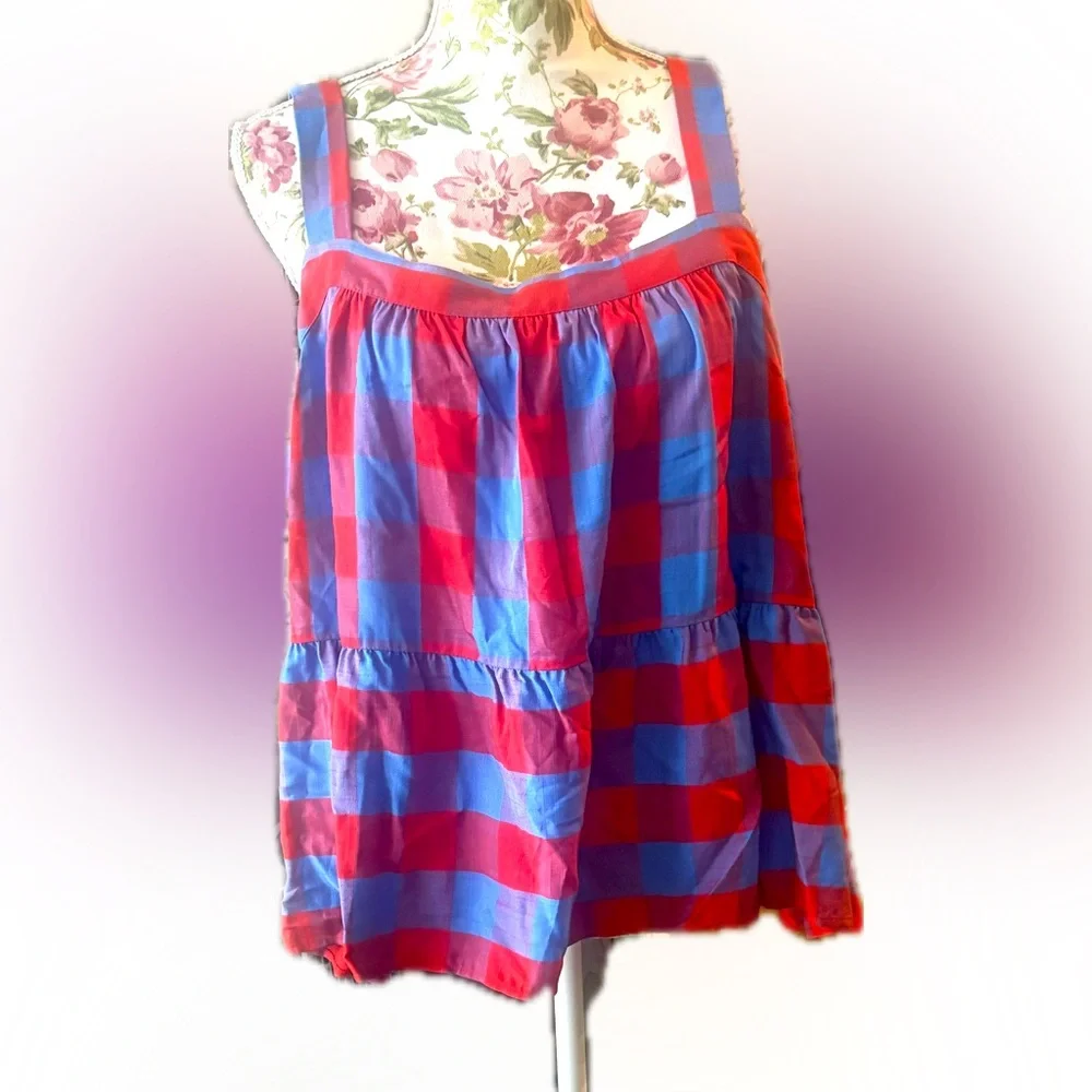 LOFT Tank Red Blue Check Plaid Ruffle Cotton Cropped Size XXL - Picture 2 of 4